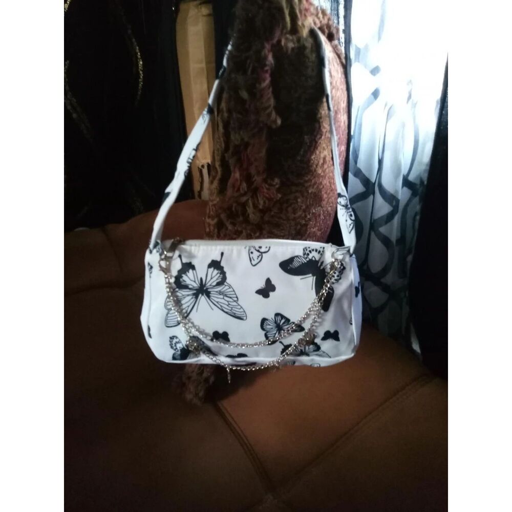 Woman's Girls Black & White Butterfly Strap Handbag Purse with Chain..Access)